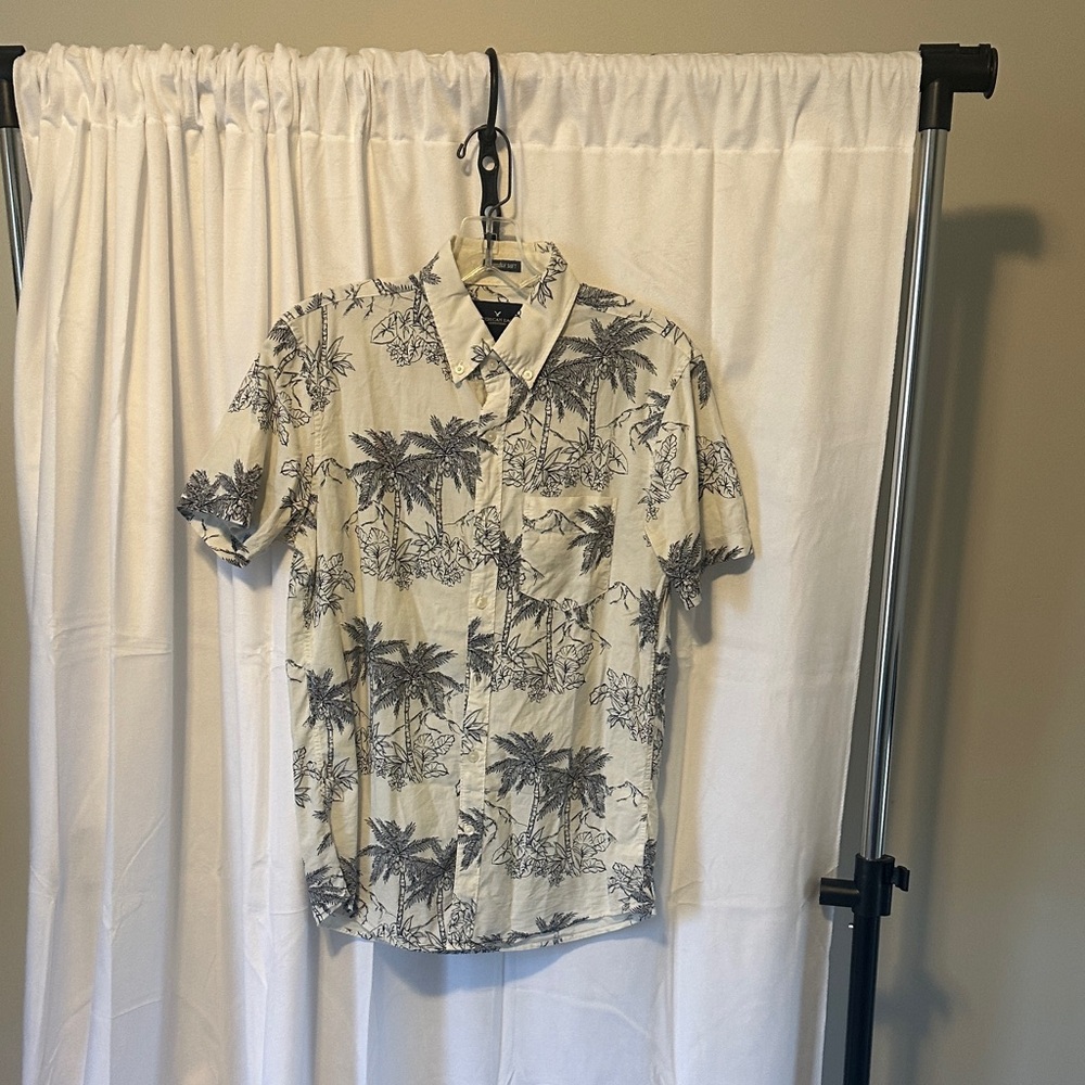 Men's Short-Sleeve Palm Print Button-Up Shirt - Cream/Black